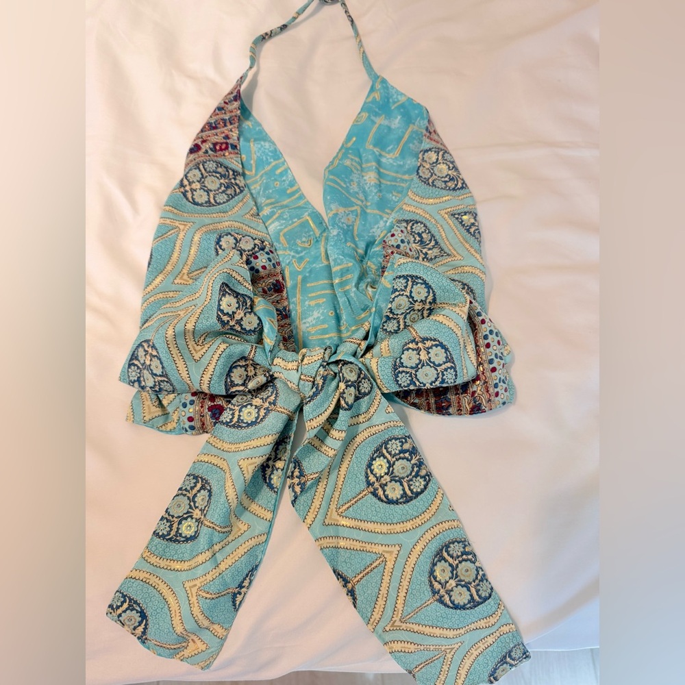 Handmade Bohemian Floral Silk Halter Tie Blue Patterned Summer Top. One Size.